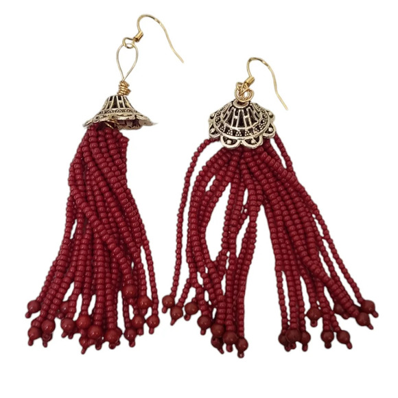 18k Gold Plated Red Tassel Fringe Chandelier Cap Earrings - Picture 3 of 3